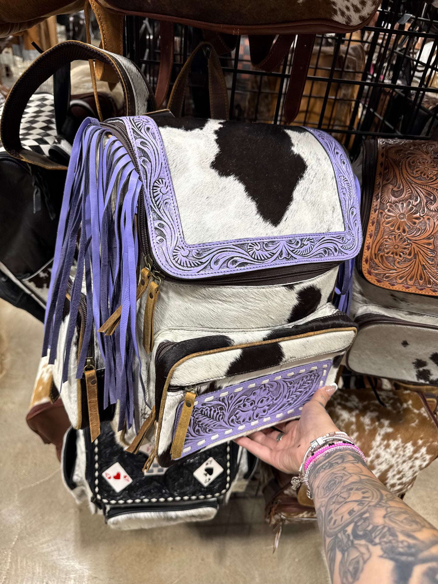 Tooled Purple Cowhide Backpack