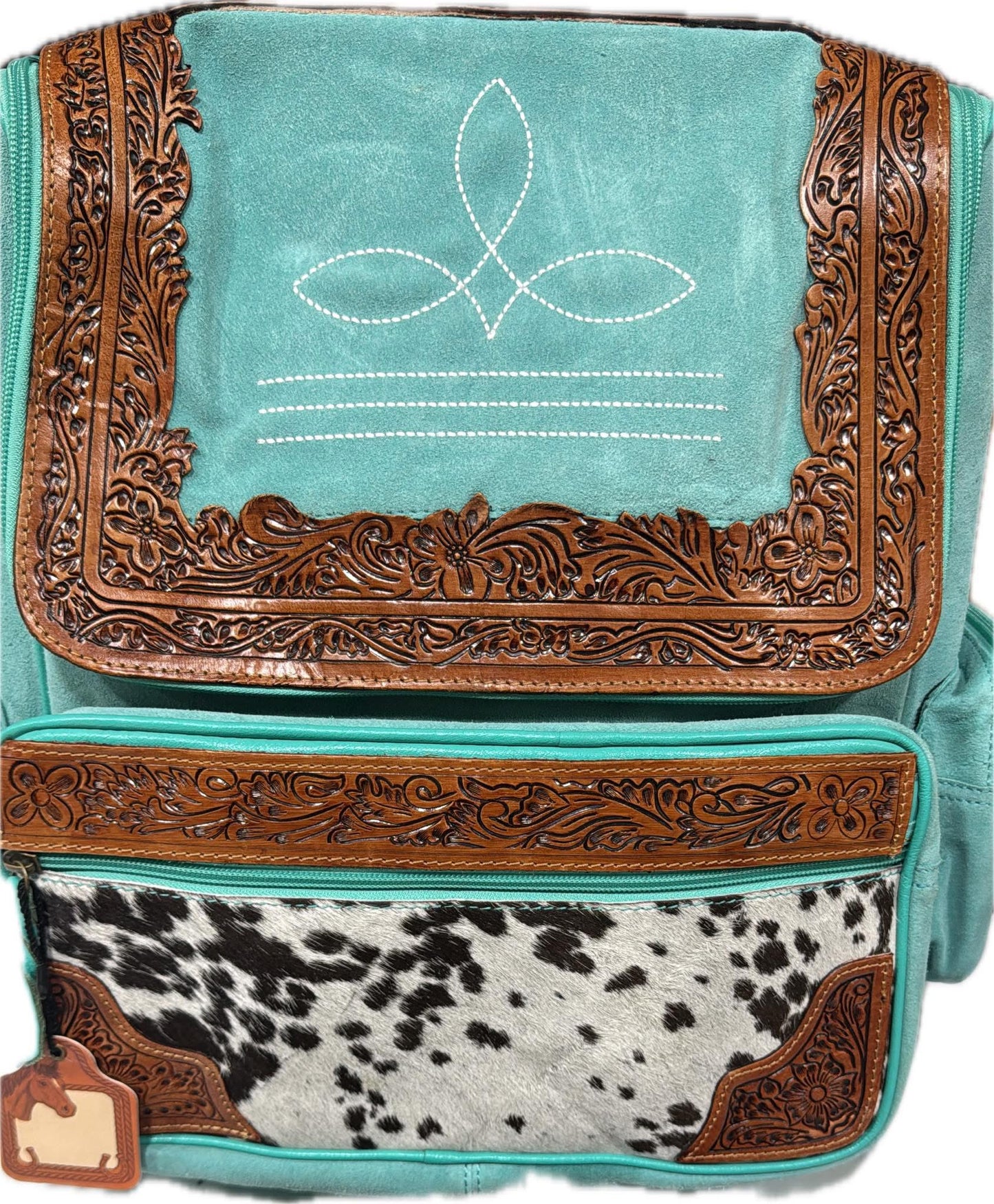 Teal Boot Stitch Tooled/Cowhide Backpack