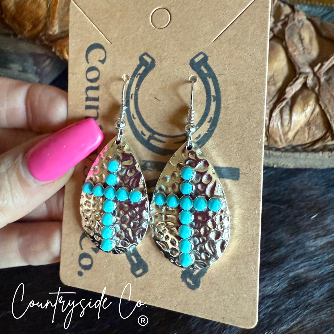 Hammered Silver Cross Dangle Earrings