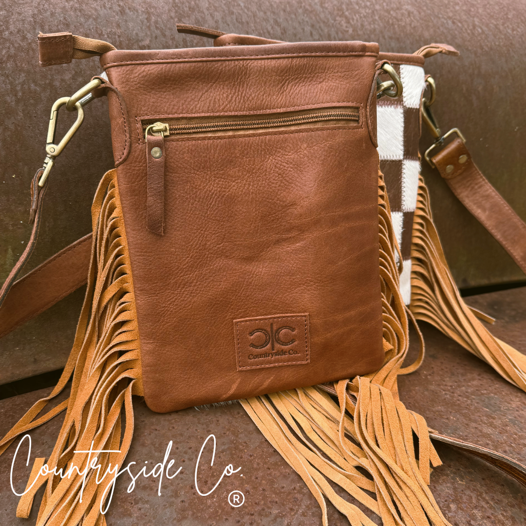 Dixie Checkered Cowhide Fringe Purse
