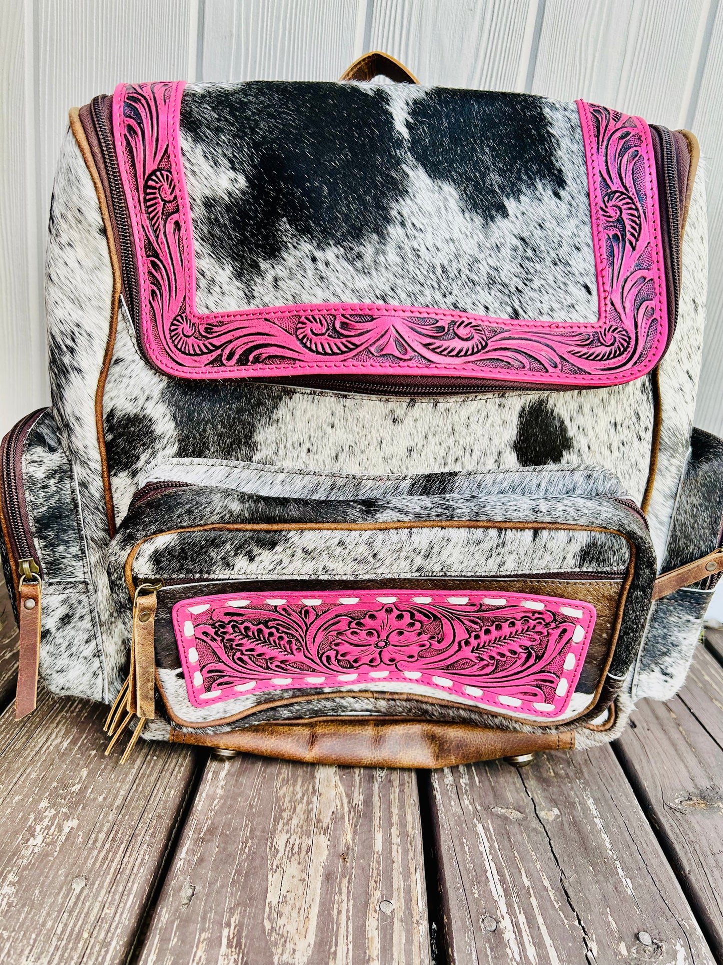 Tooled cowhide/ pink backpack