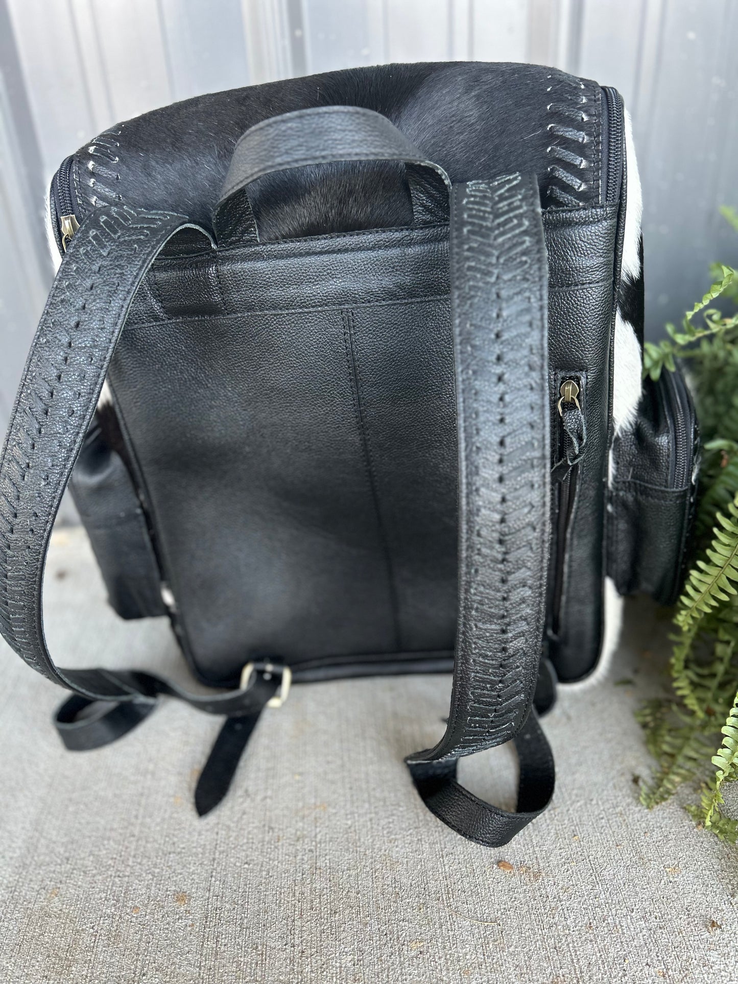 Cross-stitched Cowhide Backpack(black leather)