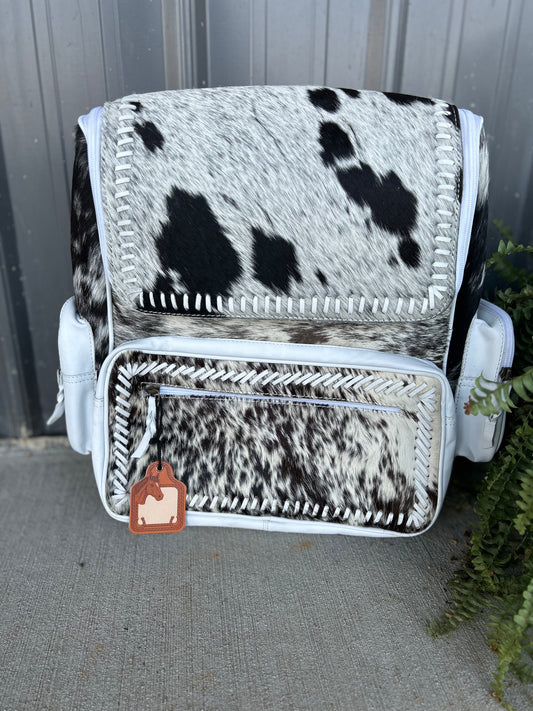 Cross Stitched Cowhide Backpack (White)