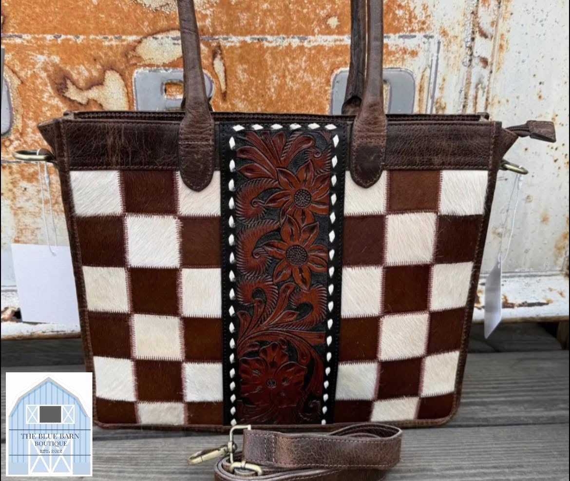 Tooled Cowhide Checkered Tote
