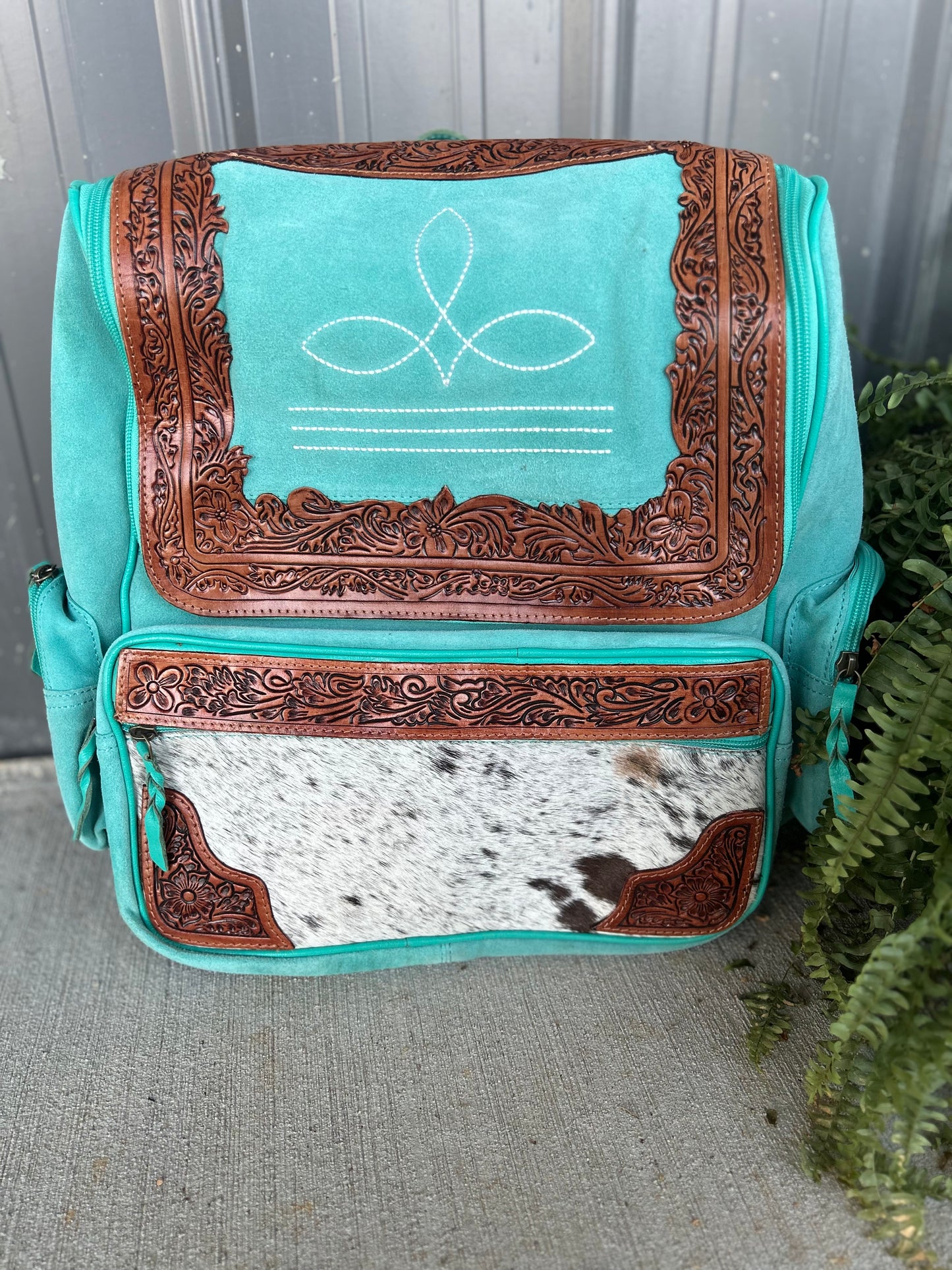 Teal Boot Stitch Tooled/Cowhide Backpack