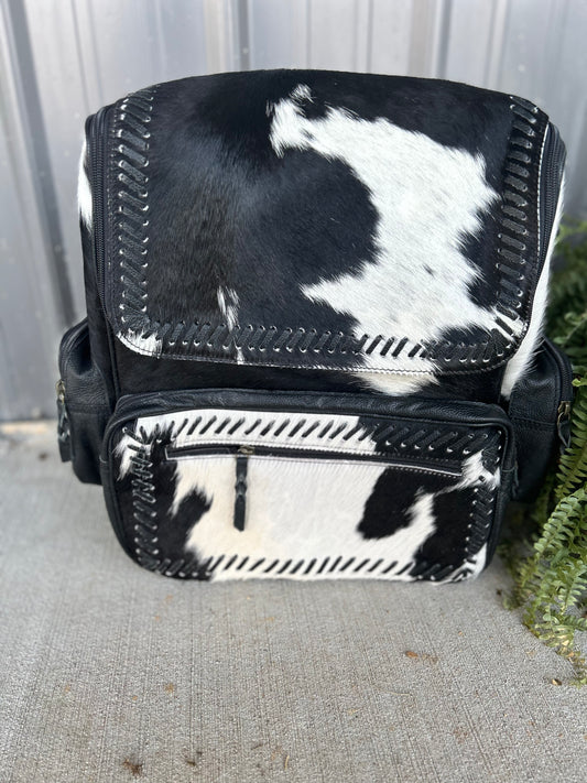 Cross-stitched Cowhide Backpack(black leather)