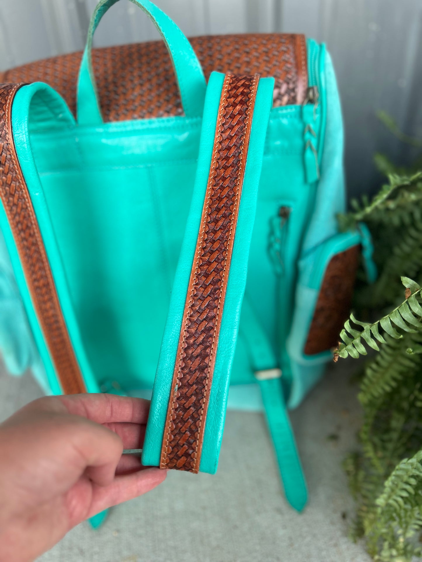 Teal Boot Stitch Tooled/Cowhide Backpack
