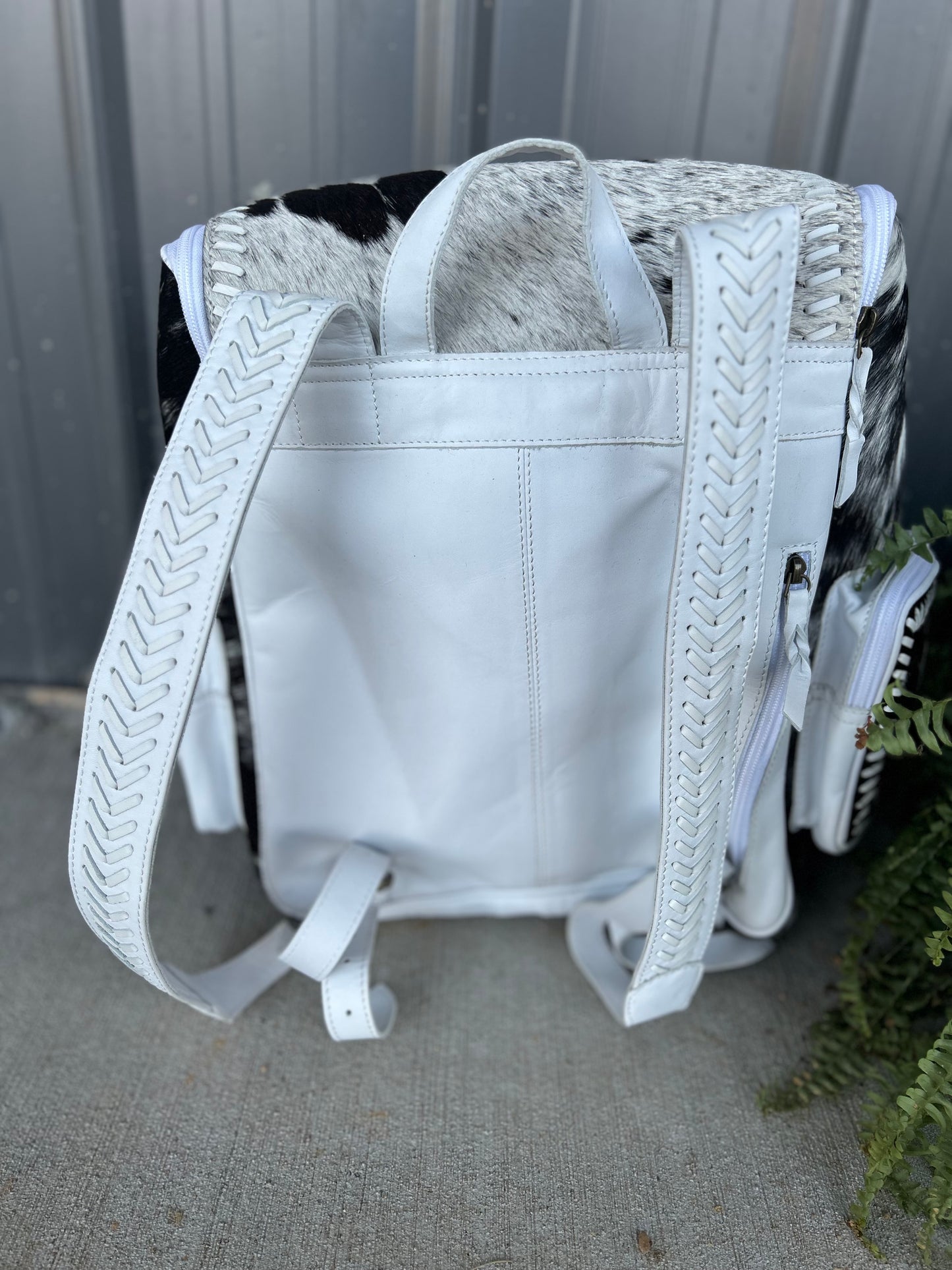 Cross Stitched Cowhide Backpack (White)