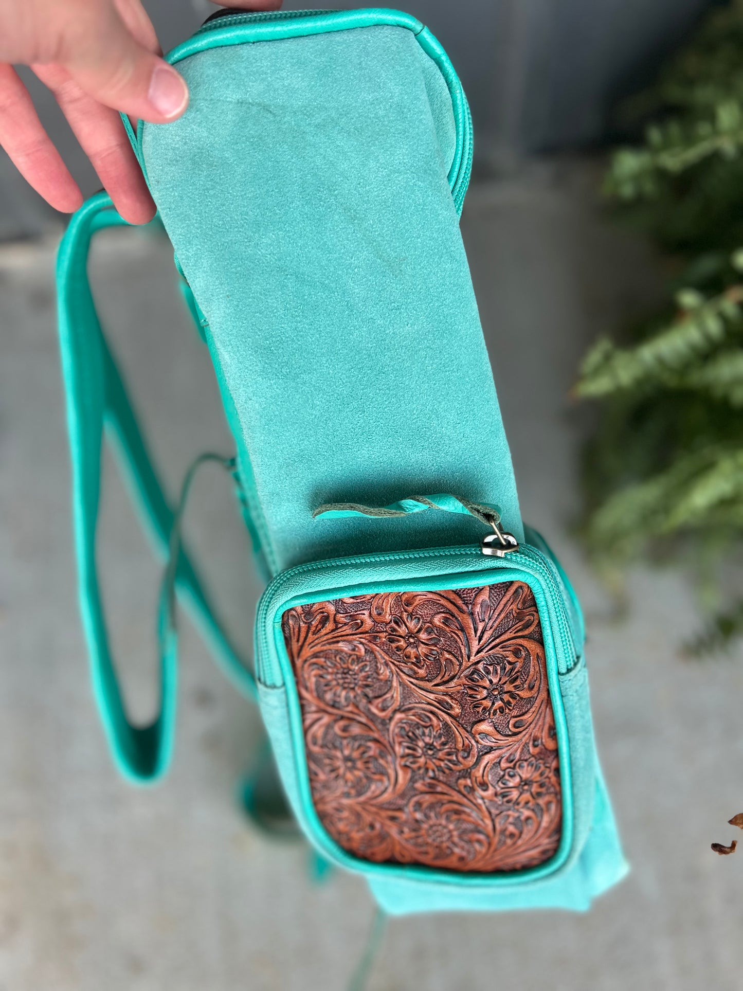 Teal Boot Stitch Tooled/Cowhide Backpack