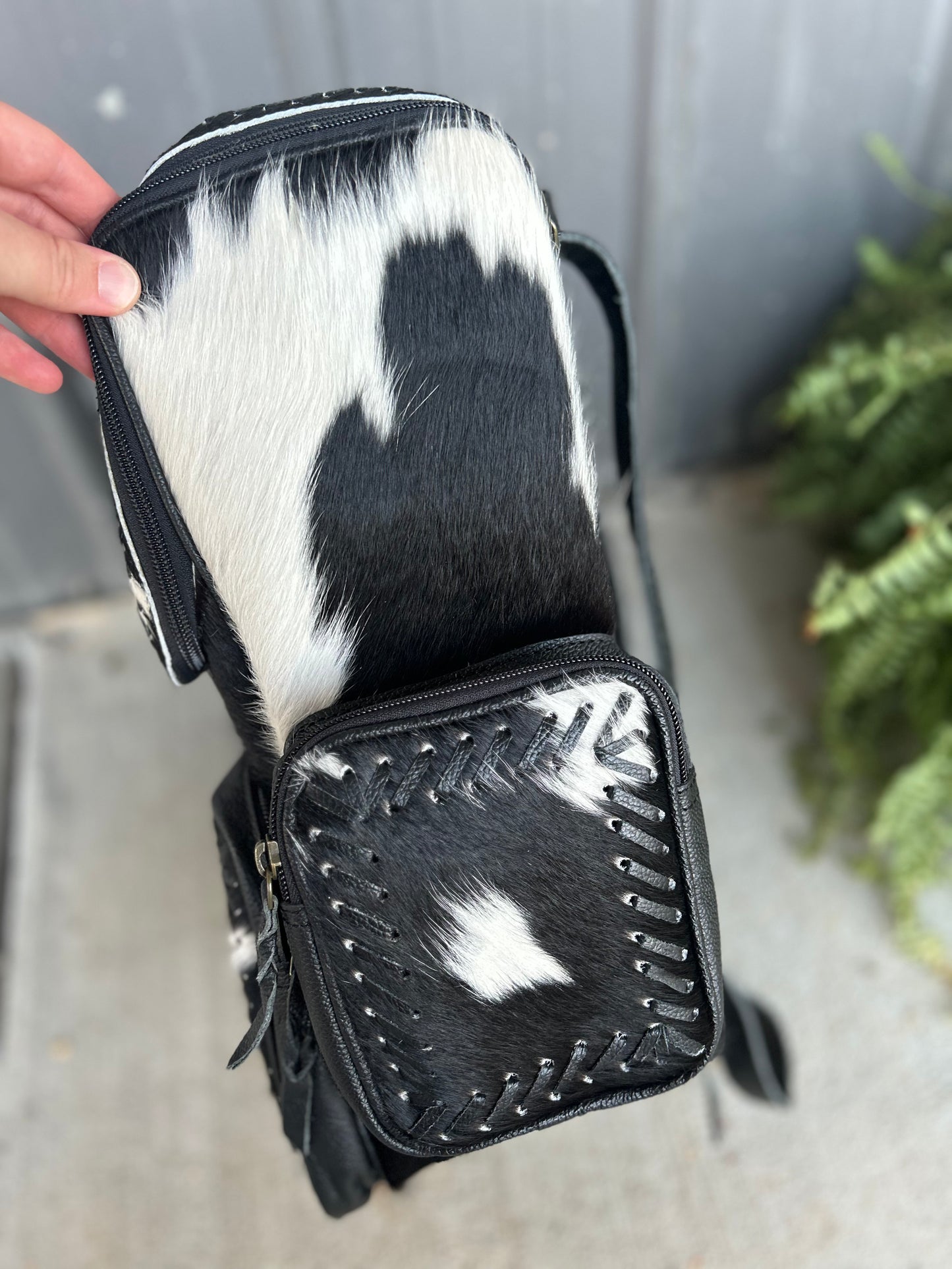 Cross-stitched Cowhide Backpack(black leather)