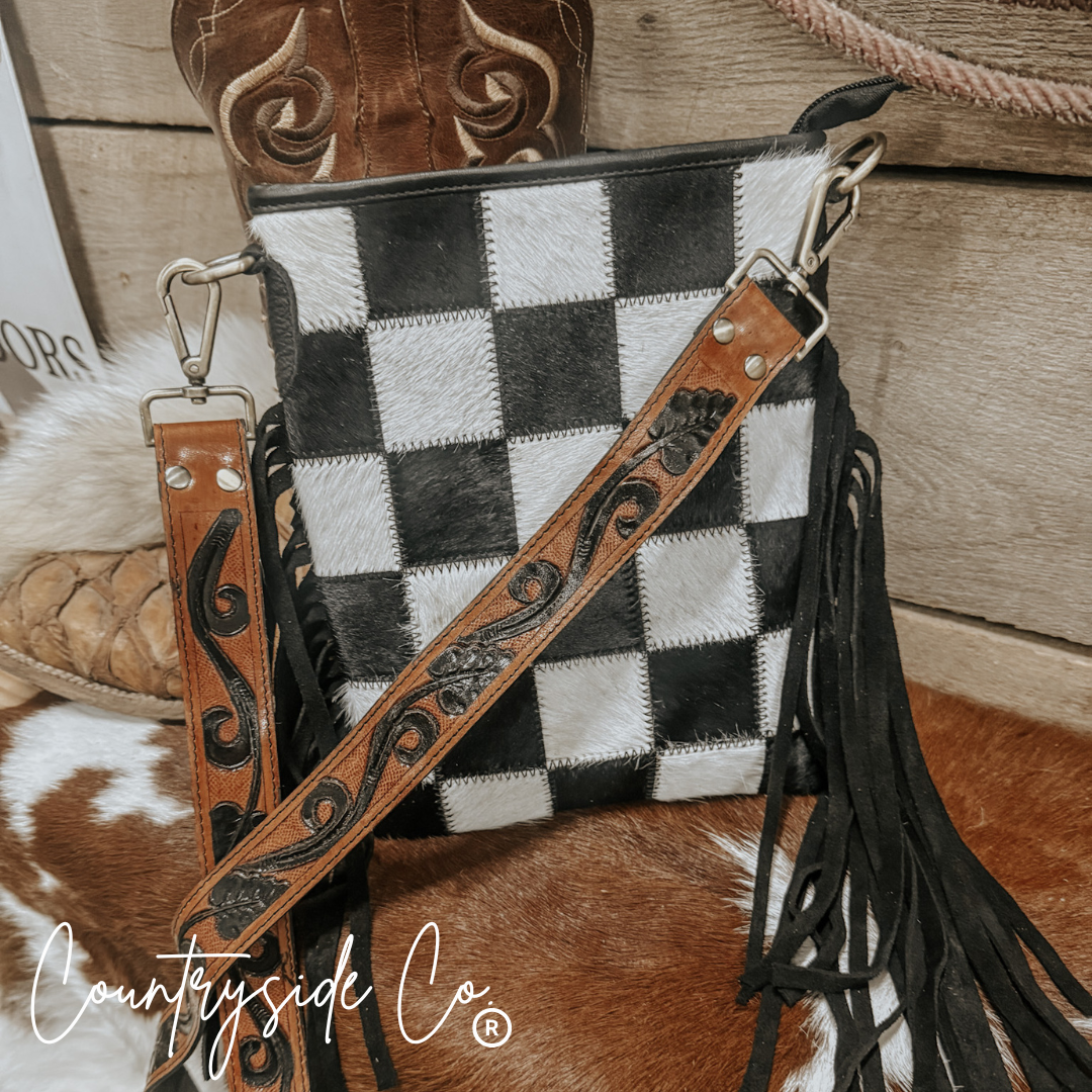 Stockyard Checkered Cowhide Fringe Purse by Countryside Co.