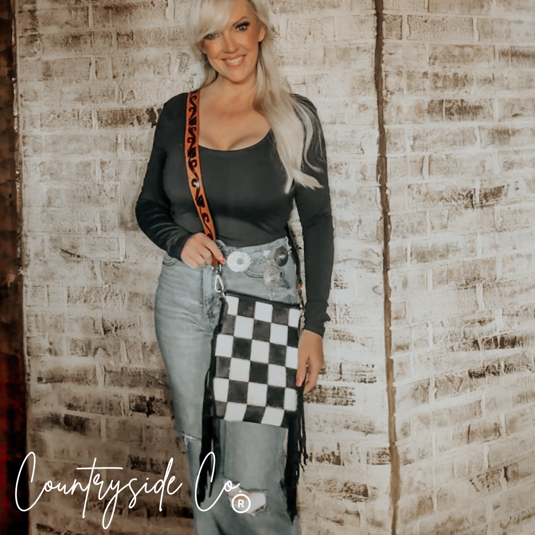 Stockyard Checkered Cowhide Fringe Purse by Countryside Co.