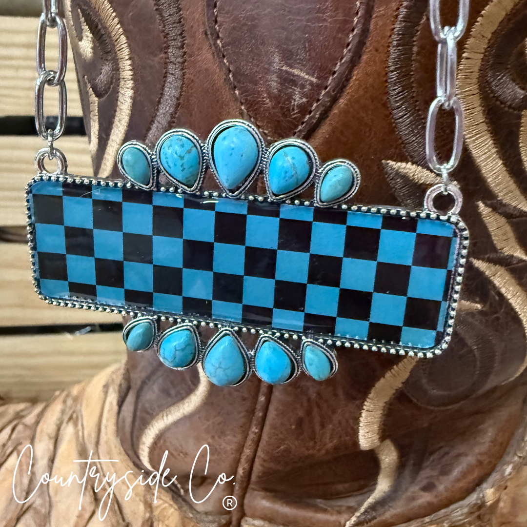 Checkered Turquoise & Black Statement Necklace