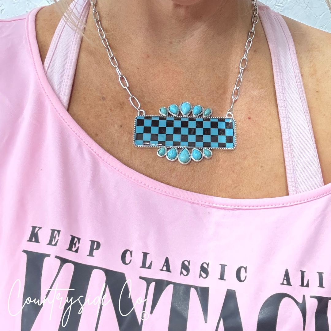 Checkered Turquoise & Black Statement Necklace
