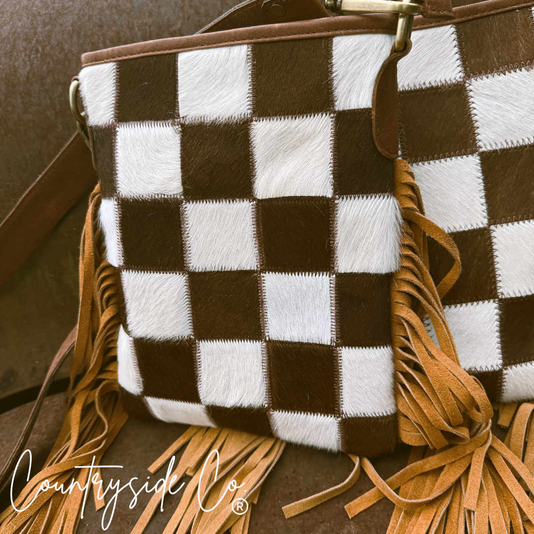Dixie Checkered Cowhide Fringe Purse