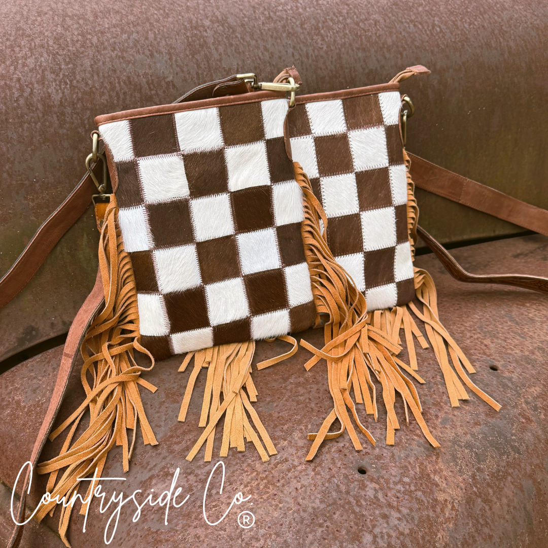 Dixie Checkered Cowhide Fringe Purse