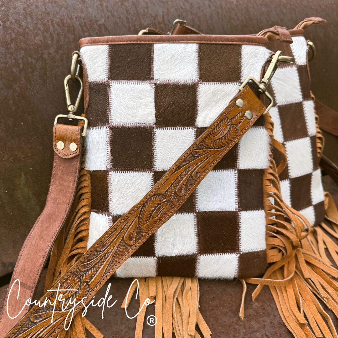 Dixie Checkered Cowhide Fringe Purse