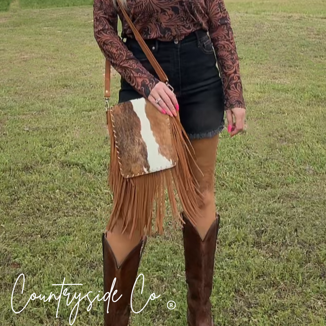 Bessie Cowhide Suede Fringe Purse by Countryside Co.