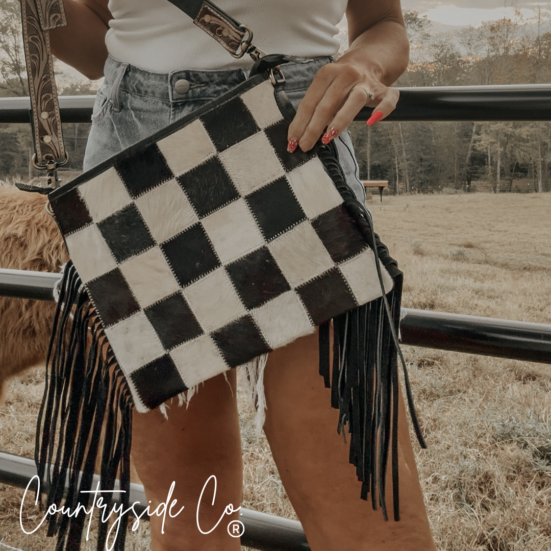 Rodeo Square Cowhide Checkered Purse