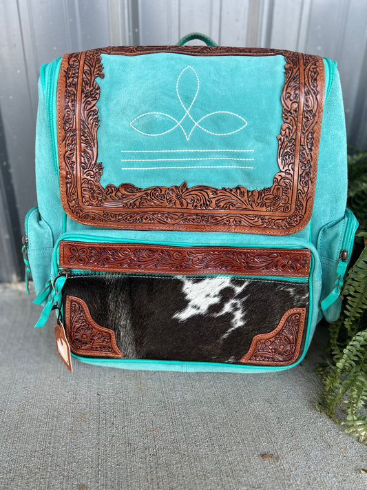Teal Boot Stitch Tooled/Cowhide Backpack