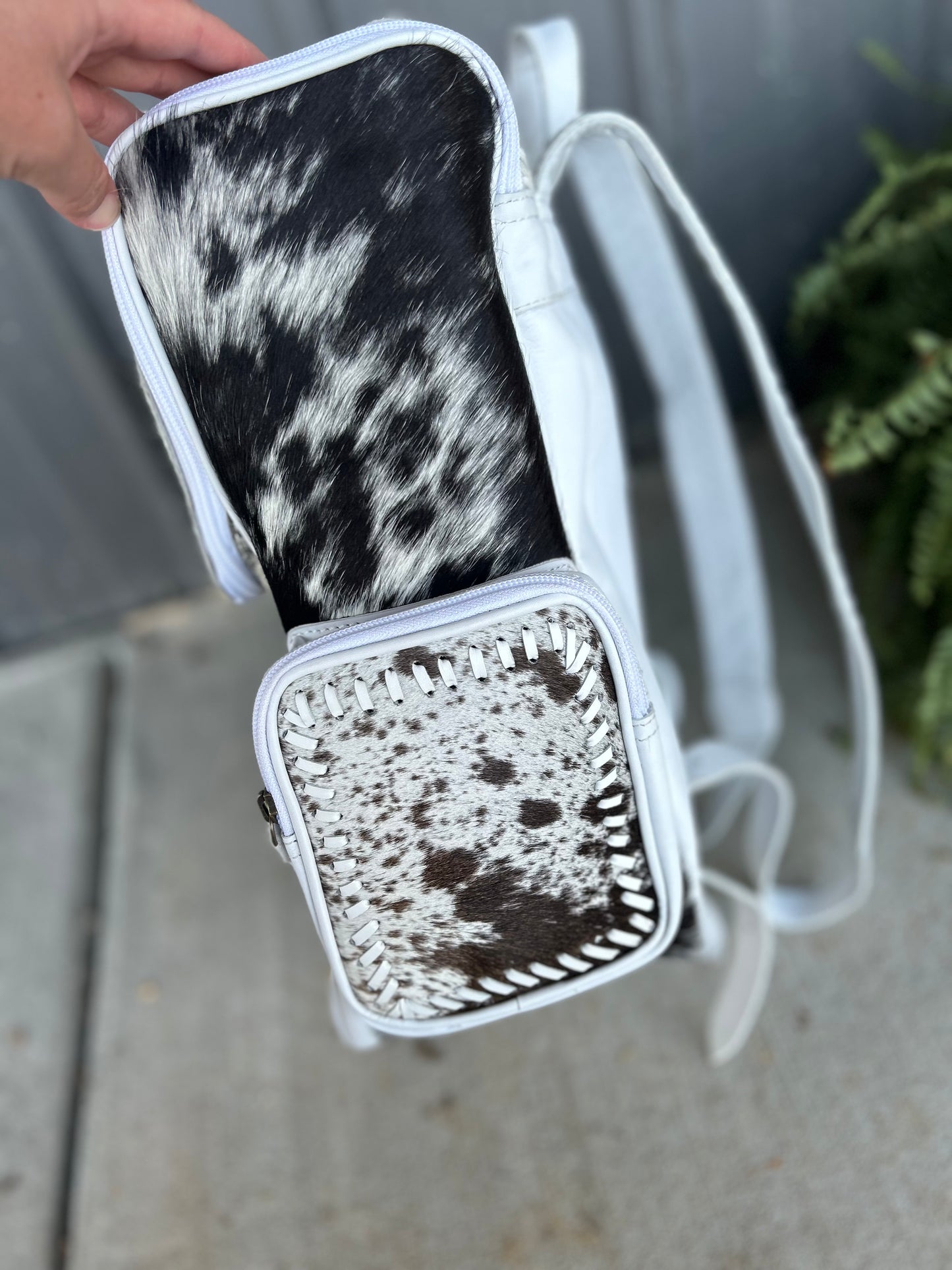 Cross Stitched Cowhide Backpack (White)