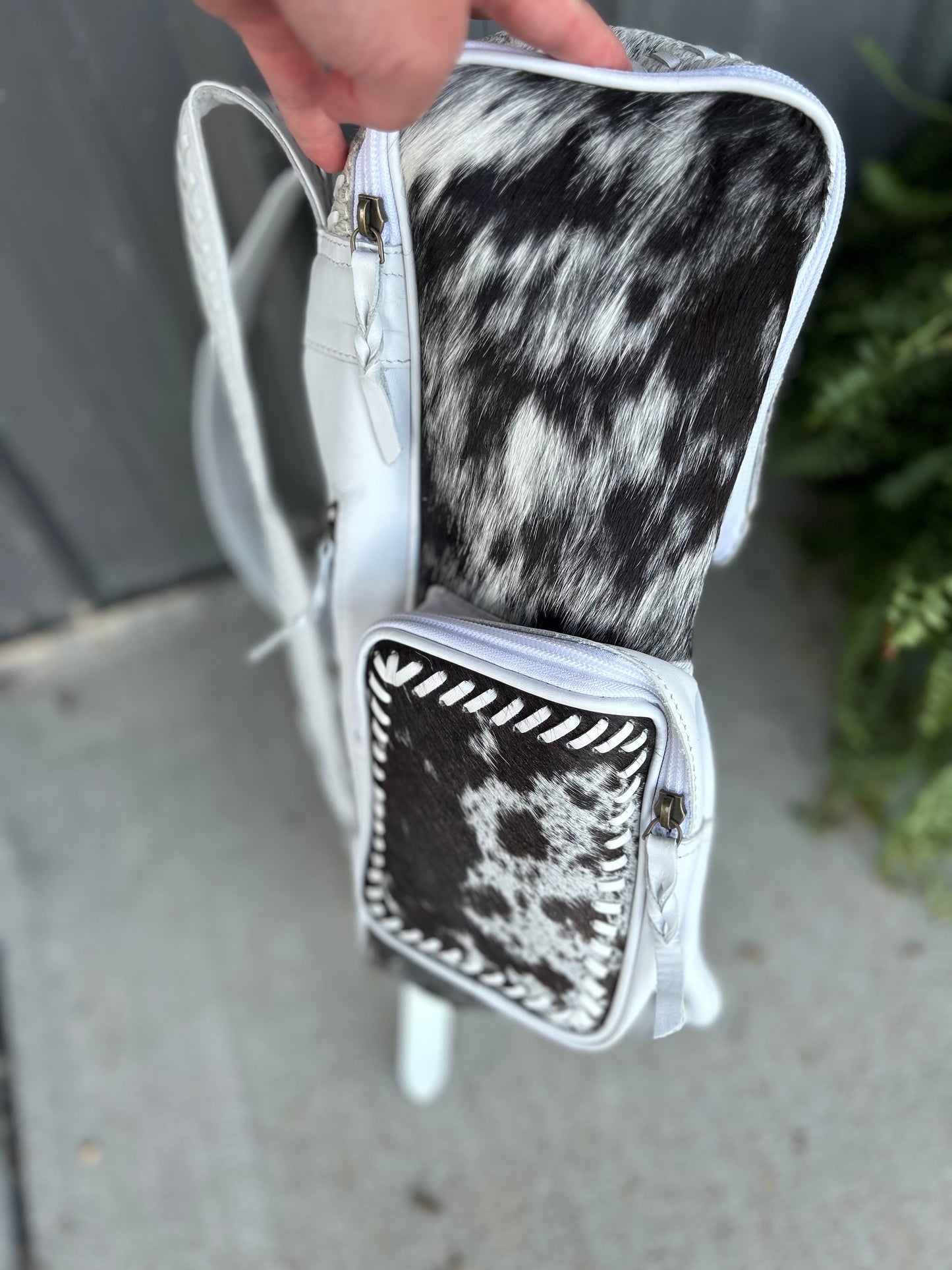 Cross Stitched Cowhide Backpack (White)