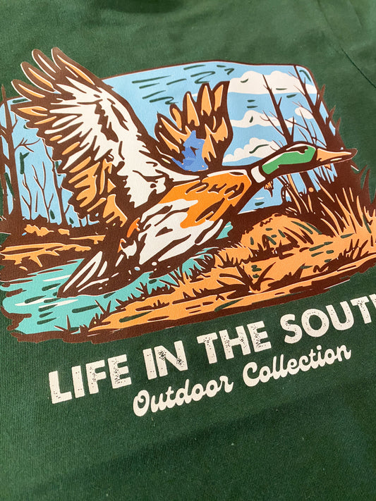 Flying Duck Kids T-Shirt | Forest Green Mallard Hunting Shirt for Boys & Girls | Southern Outdoor Youth Tee | Bossier City, LA
