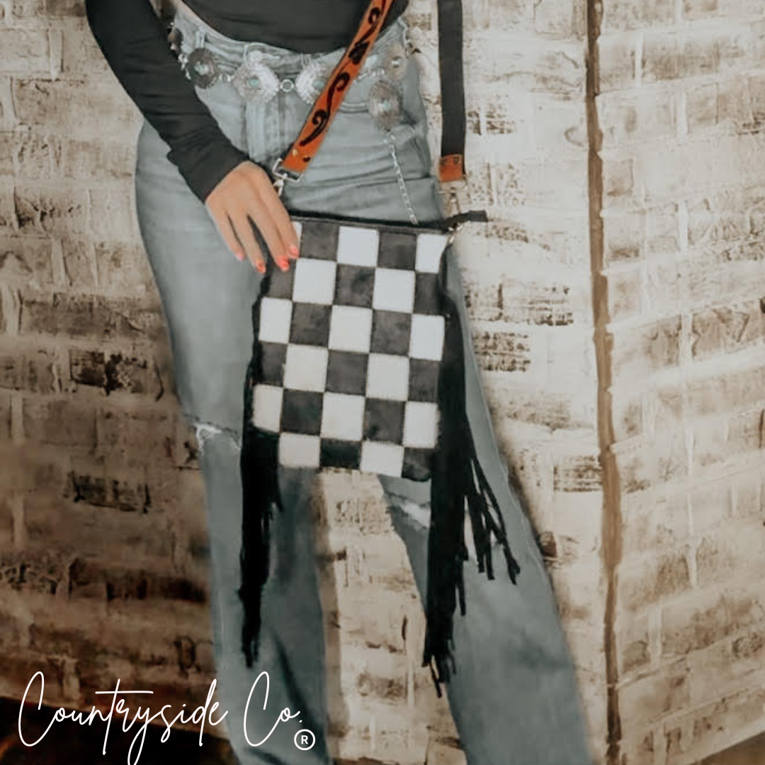 Stockyard Checkered Cowhide Fringe Purse by Countryside Co.